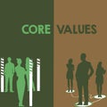 Conceptual display Core Values. Business idea principles which guide and determine what is wrong and right