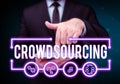 Conceptual display Crowdsourcing. Business showcase Obtaining work information from a large group of people