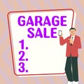 Conceptual display Garage Sale. Internet Concept sale of miscellaneous household goods often held in the garage