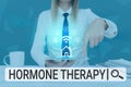 Conceptual display Hormone Therapy. Business showcase use of hormones in treating of menopausal symptoms Lady Pressing