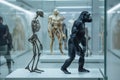Conceptual display of human skeleton and primate models, illustrating evolution in a modern museum Royalty Free Stock Photo