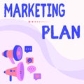 Conceptual display Marketing Plan. Word Written on overall business strategy formed which they will implement Megaphones