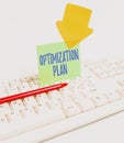 Text caption presenting Optimization Plan. Business concept Finding an alternative with the most cost effective Computer