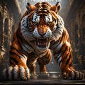 Conceptual display of power through tiger in luxurious hall setting