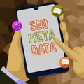 Conceptual display Seo Meta Data. Concept meaning Search Engine Optimization Online marketing strategy Businessman