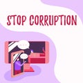 Conceptual display Stop Corruption. Business showcase Put an end in abusing of entrusted power for private gain Two