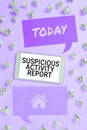 Conceptual display Suspicious Activity Report. Concept meaning account or statement describing the danger and risk of