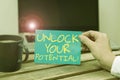 Text sign showing Unlock Your Potential. Concept meaning Mentor, coach and another leading person to open hidden talent