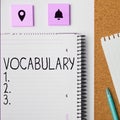 Conceptual display Vocabulary. Internet Concept collection of words and phrases alphabetically arranged and explained or Royalty Free Stock Photo