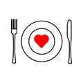 Conceptual eat healthy icon. Heart and dining plate sign. Concept eat well for your health symbol. Thin line icon on
