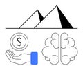 Conceptual Elements of Knowledge, Economy, and History Featuring Brain, Coin, Hand, and Pyramids Royalty Free Stock Photo