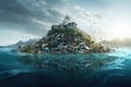 Conceptual environmental disaster with a huge pile of garbage on a tropical island, Environmental disaster concept. Plastic Island