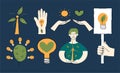 Conceptual ESG icons. Sustainable environment green icons set with hands, windmill, energy, man. Vector hand drawn illustration