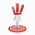 Conceptual exclamation mark human standing on target spot.