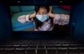 Fiction of empty cinema theater projecting movie on 2020 COVID-19 virus outbreak the screen showing Asian Chinese woman in