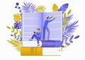 Conceptual flat illustration about reading books. Obtaining knowledge, rest, training, information. People read books, turn pages