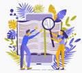 Conceptual flat illustration about reading books. Obtaining knowledge, rest, training, information. People read books with magnify