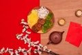 Conceptual flat lay Chinese New Year food and drink still life. Royalty Free Stock Photo