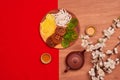 Conceptual flat lay Chinese New Year food and drink still life. Royalty Free Stock Photo