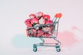 Conceptual flower shopping small push cart flowers