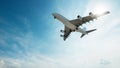 Conceptual flying white passenger jetliner or commercial plane after take off rising over a beautiful sky background