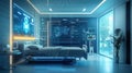 conceptual futuristic hospital room with AI monitoring patient data digitalized environment, showcasing advanced