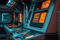 Conceptual futuristic space station control center with advanced technology and glowing interfaces