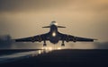 Conceptual and futuristic supersonic airliner jet landing at sunset. Representation of the future of commercial air transportation