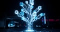 Futuristic conceptual illustration visualizes a glowing cybersecurity gift network, featuring a holographic circuit board tree str Royalty Free Stock Photo