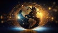 conceptual globe with interconnected golden lines and nodes symbolizes global connectivity and technology. glowing effect adds