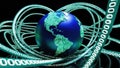conceptual globe representing global intelligence surrounded by binary code streams, symbolizing data driven technology and