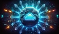 conceptual globe surrounded by glowing arrows pointing to central cloud icon, symbolizing connectivity and technology. This