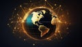 conceptual globe surrounded by interconnected golden lines and nodes symbolizing global connectivity and technology. image evokes