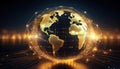 conceptual globe surrounded by interconnected golden lines and nodes symbolizing global connectivity and technology. image evokes