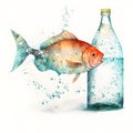 conceptual graphic illustration showing a goldfish and a bottle of drinking water