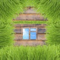 Conceptual green grass house on wooden background Royalty Free Stock Photo