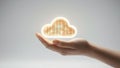 conceptual hand holding glowing cloud filled with binary code, symbolizing data control and digital technology. This represents