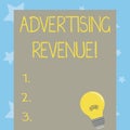 Conceptual hand writing showing Advertising Revenue. Business photo text money media earn from selling advertising space