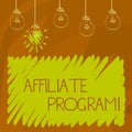 Conceptual hand writing showing Affiliate Program. Business photo showcasing software link songs apps books and sell them to earn Royalty Free Stock Photo