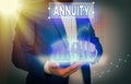 Conceptual hand writing showing Annuity. Business photo text fixed sum of money paid to someone each year Series of payments Royalty Free Stock Photo