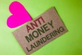 Conceptual hand writing showing Anti Monay Laundring. Business photo text entering projects to get away dirty money and clean it w