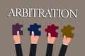 Conceptual hand writing showing Arbitration. Business photo text Use of an arbitrator to settle a dispute Mediation