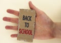 Conceptual hand writing showing Back To School. Business photo text Right time to purchase schoolbag, pen, book, stationary writte Royalty Free Stock Photo