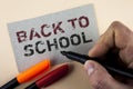 Conceptual hand writing showing Back To School. Business photo text Right time to purchase schoolbag, pen, book, stationary writte Royalty Free Stock Photo