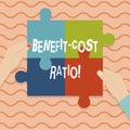 Conceptual hand writing showing Benefit Cost Ratio. Business photo showcasing Relationship between the costs and benefits of