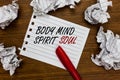 Conceptual hand writing showing Body Mind Spirit Soul. Business photo showcasing Personal Balance Therapy Conciousness state of mi Royalty Free Stock Photo