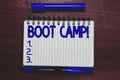 Conceptual hand writing showing Boot Camp. Business photo text Military training camp for new recruits Harsh discipline