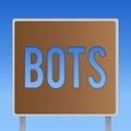 Conceptual hand writing showing Bots. Business photo showcasing Automated program that runs over the Internet Artificial