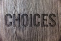 Conceptual hand writing showing Choices. Business photo showcasing Preference Discretion Inclination Distinguish Options Selection