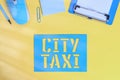 Conceptual hand writing showing City Taxi. Business photo showcasing type of vehicle for hire with a driver often for a nonshared Royalty Free Stock Photo